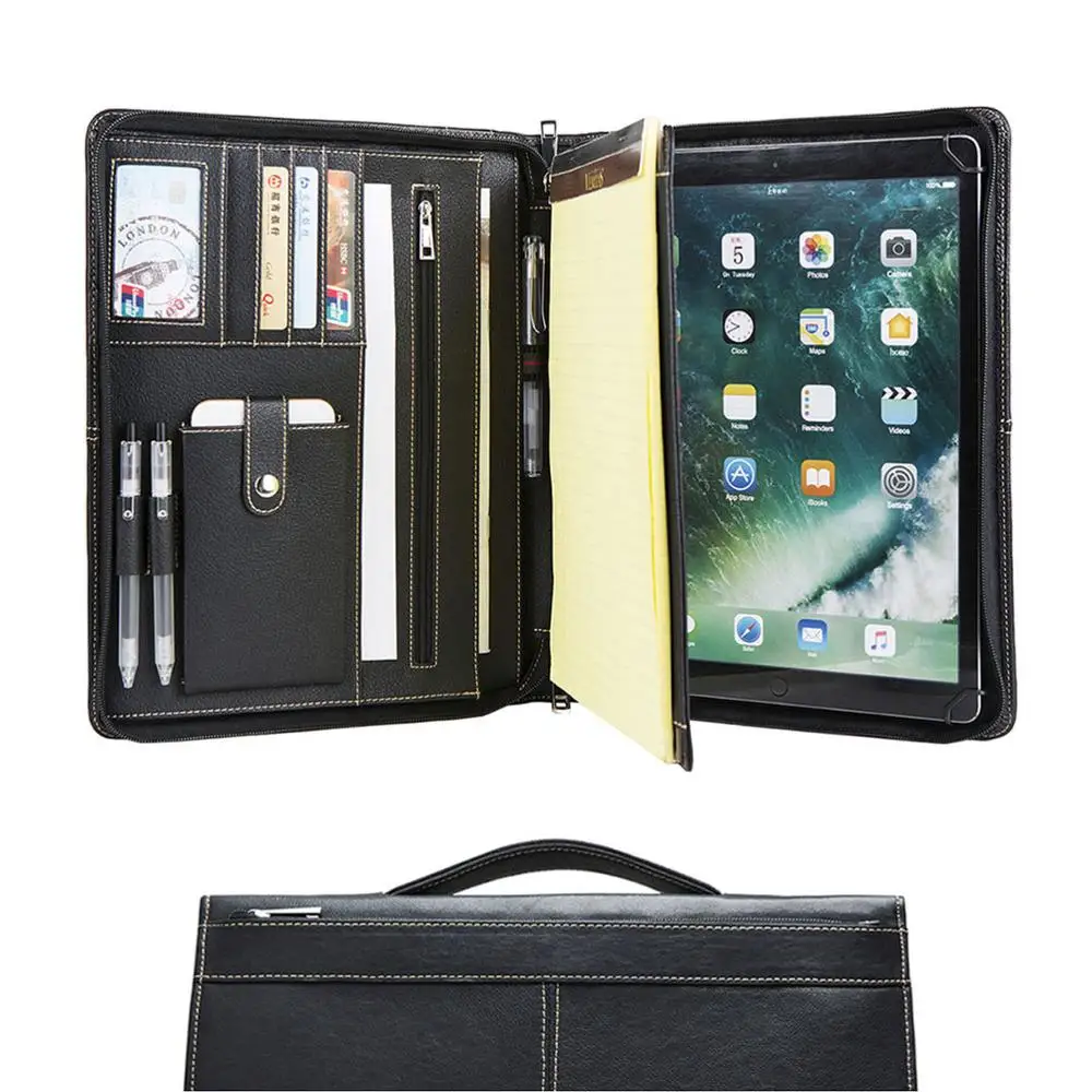 Handmade Genuine Leather Portfolio A4 Folder, Business Padfolio Organizer Case Conference Folder with Retractable Handle, Black