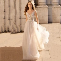 princess wedding dresses 2022 a line v neck lace appliques backless sleeveless sweeptrain bridal gowns custom vestido de novia