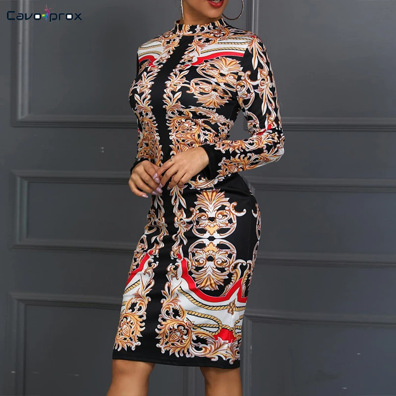Женское облегающее платье с длинными рукавами и принтом в стиле ретро