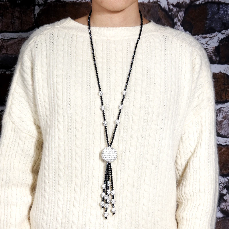 

2020 Autumn Winter New Long Strand Necklace for Women Graceful Shiny Drill Ball Crystal Beads Tassel Sweater Chains Kpop Jewlery