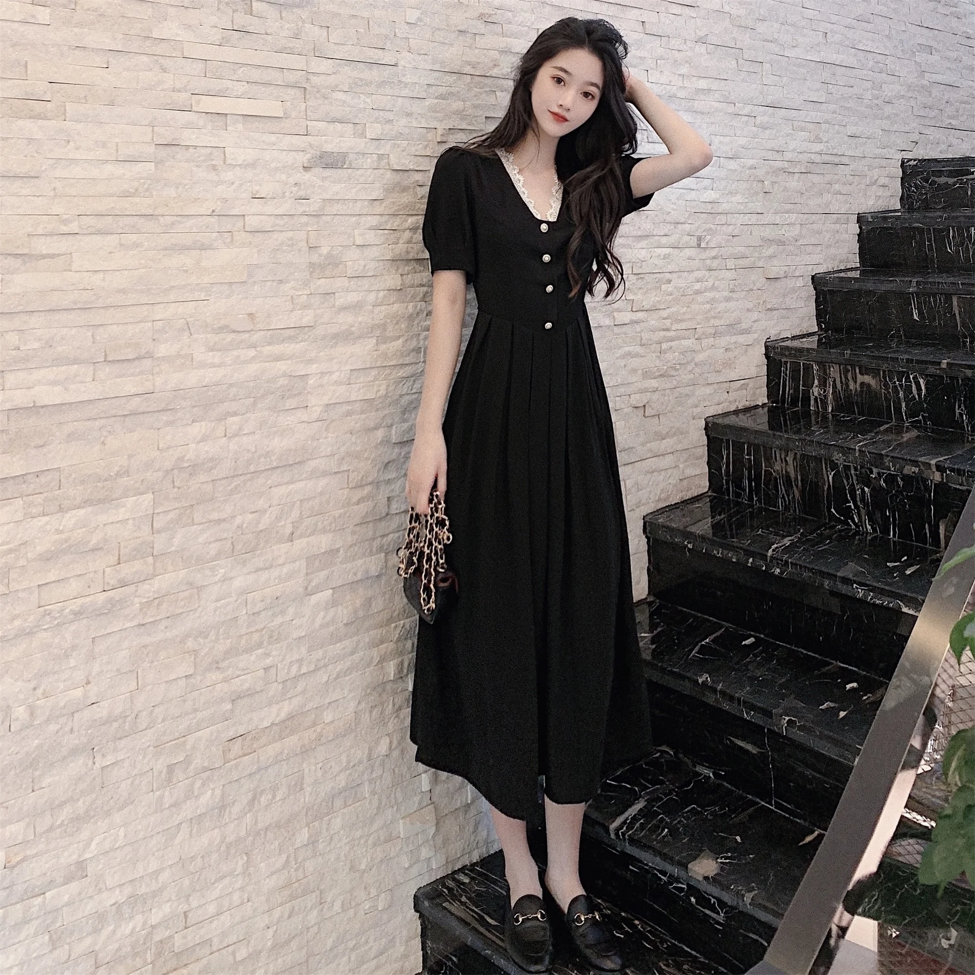 

Elegant Lace V-neck Black Dress for Women Summer New Retro Easy Matching Overknee Mid-Length Fashionable Skirt