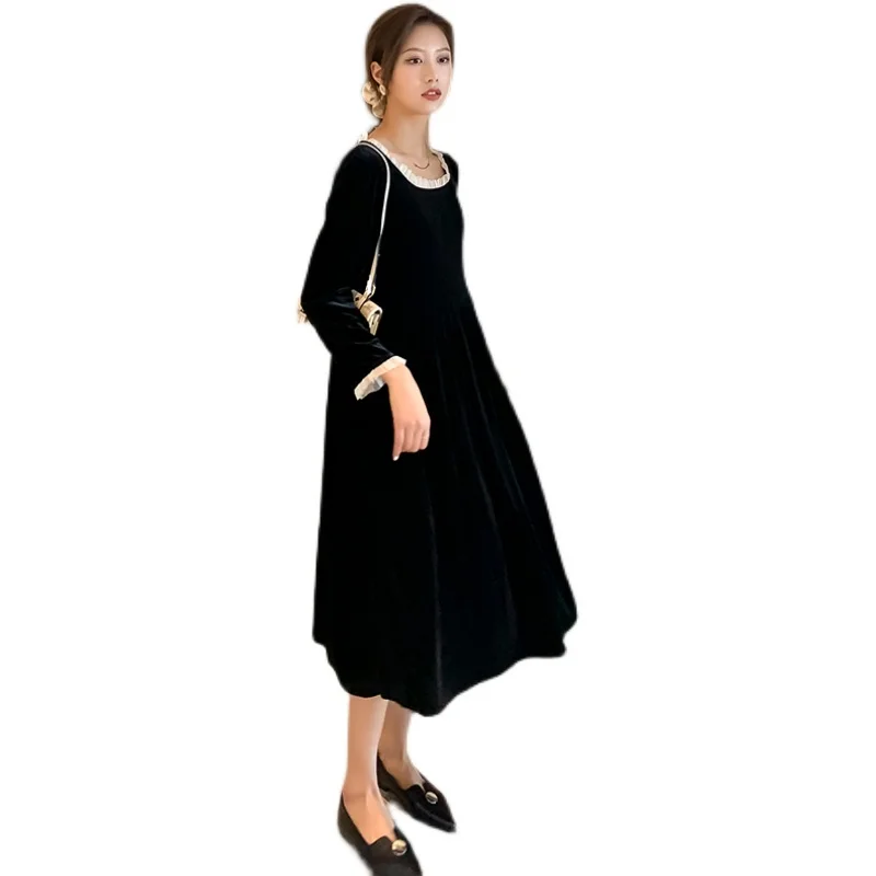 

707# 2021 Spring Korean Fashion pleuche Maternity Long Dress Chic Ins Sweet Elegant Clothes for Pregnant Women Pregnancy Party