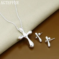 agteffer 925 sterling silver water dropraindrop cross necklace earring set for woman wedding engagement fashion charm jewelry