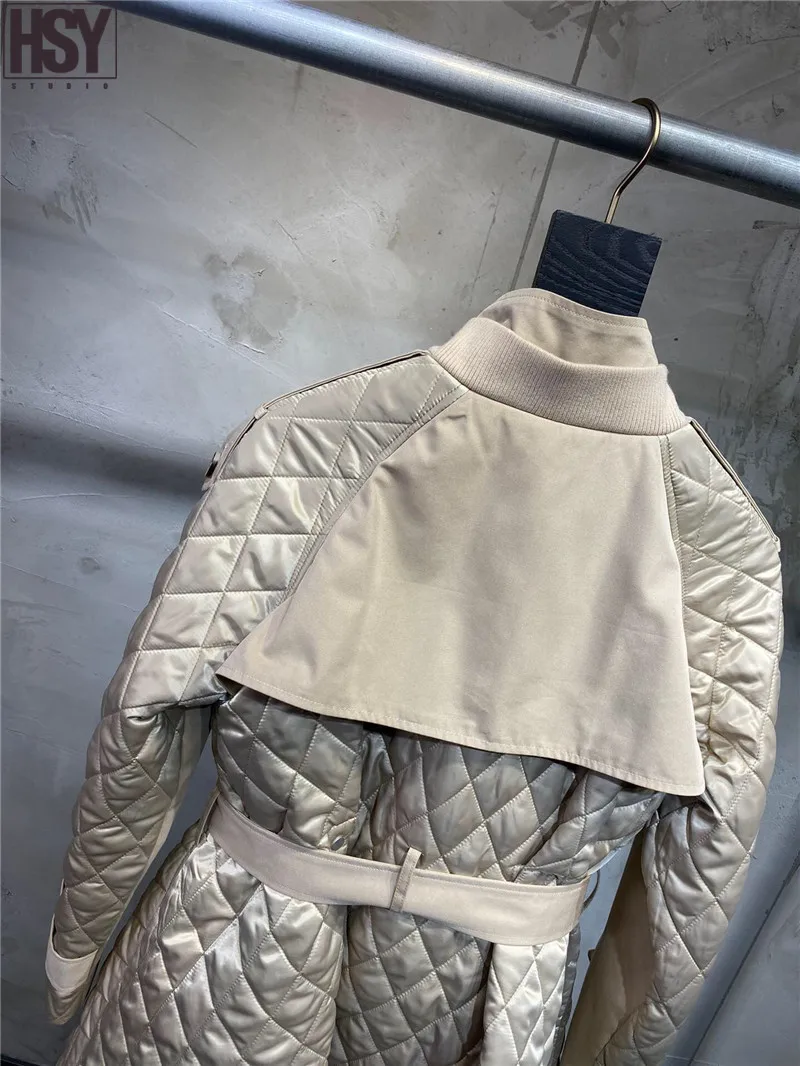 【HSY】2019 Осень Зима Новая Женская Хаки стеганая куртка с поясом клетчатая