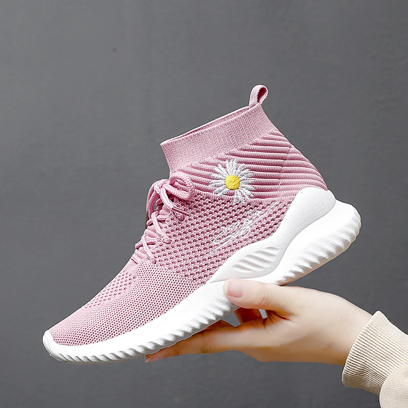 

Pink Socks Sneakers Women Flowers Embroidery Shoes Knit Light Women's Casual Shoes Mid-cut Flat Socks Women Shoes calzado mujer
