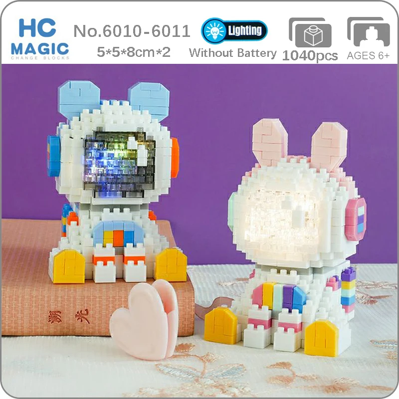 

HC Space Rabbit Bear Astronaut Building Blocks LED Light Helmet Sit Animal Model DIY Mini Diamond Bricks Toy for Children Gifts