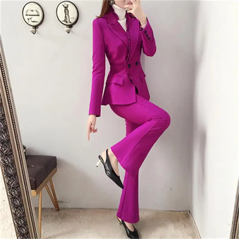 

Fashion pants suit female spring fall New High end plus size purple Business suit + boot cut pant two-piece Casual suit women