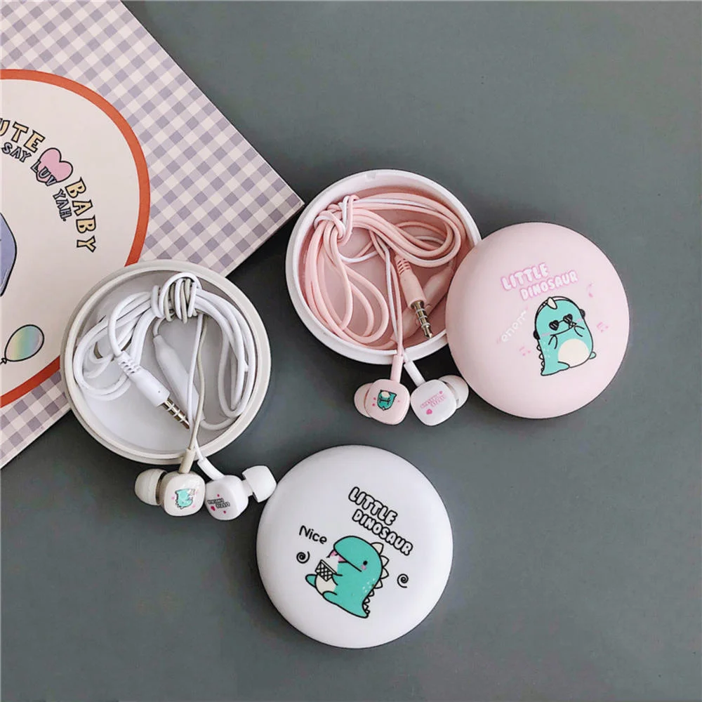 

Wired Headset With Round Storage Box Universal Cartoon Earphone In-ear Girl Earphone With Microphone Cartoon Pattren