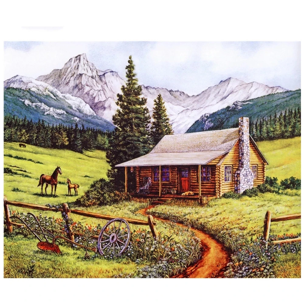 

DIY Diamond Embroidery scenery Mosaic 5D Diamond Painting Full Square Landscape Village Horse DIY Painting House Home Decor P962