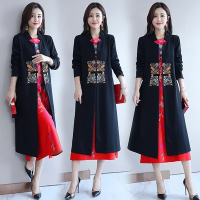

Chinese Style Long Trench Coat Embroidery Brand Designer Women Clothes Casaco Feminino Womens Overcoat Cardigan Long Cloak