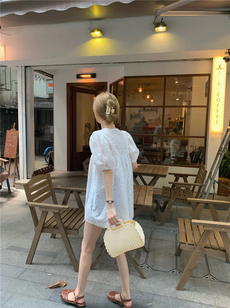 Женское кружевное платье-рубашка белое тонкое свободное платье во французском