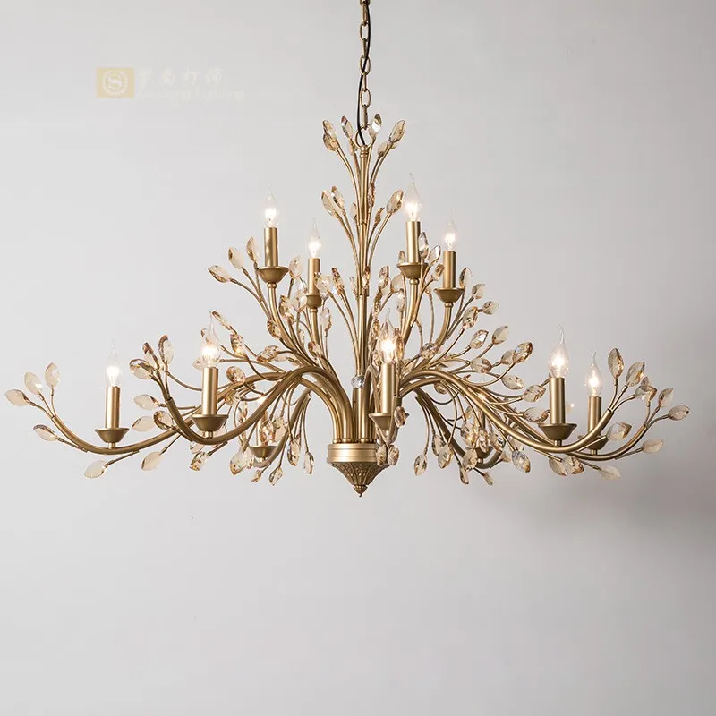

American country crystal chandelier atmosphere living room dining room villa simple branch-shaped light luxury wrought iron lamp