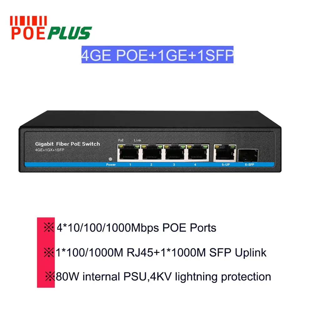 Сертифицированный защитный коммутатор POE с 4 портами 10/100/1000M + 1 GE TX uplink 1*1000M SFP