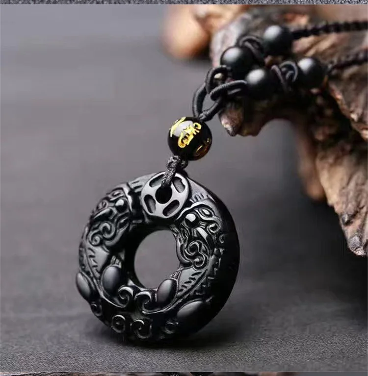 Подвеска из черного обсидиана, резные пончики, ожерелье из бисера, подарок для женщин и мужчин, ювелирные изделия с кристаллами, веревка