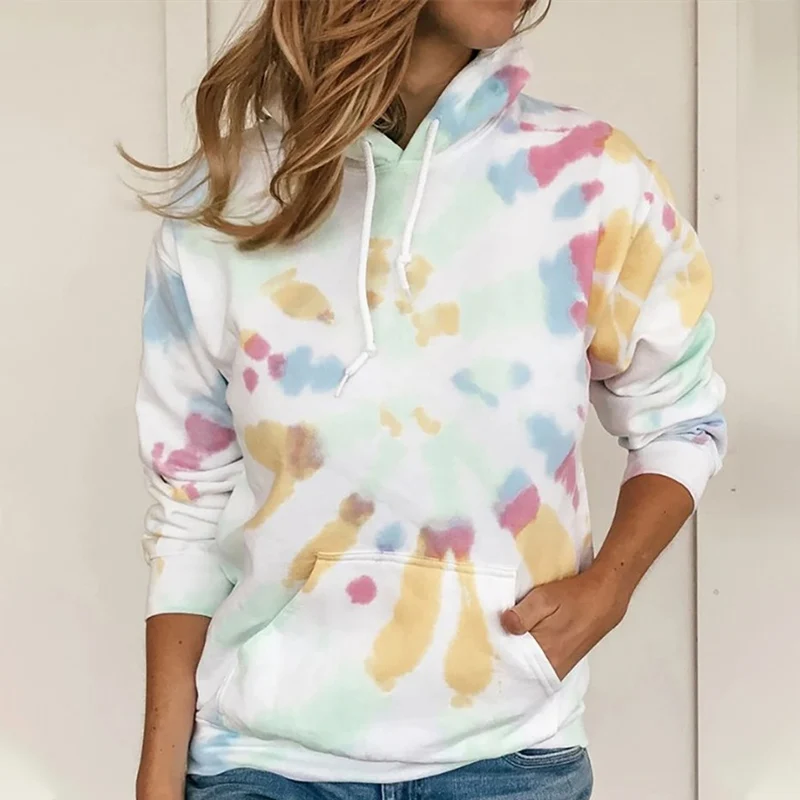 Осень принт с кулиской карманы женские толстовки свободного покроя длинными