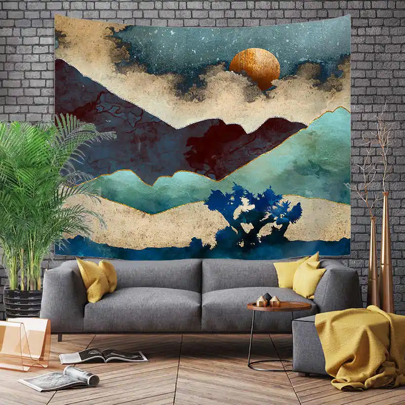 

Gilt landscapel mountain Brushed Tapestry Home Decor Wall hanging fabric living room background wall GT25