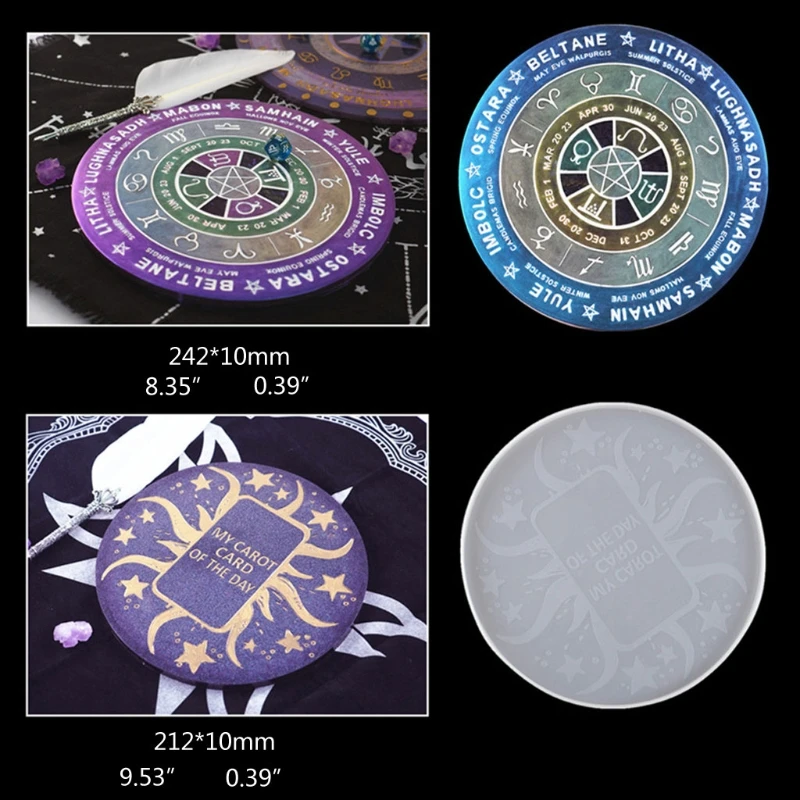 

4Pc Pendulum Mat Astrology Zodiac Board Epoxy Resin Mold Sun Moon Star Tarots Card Tray Round Resin Mold Witchcraft Tool