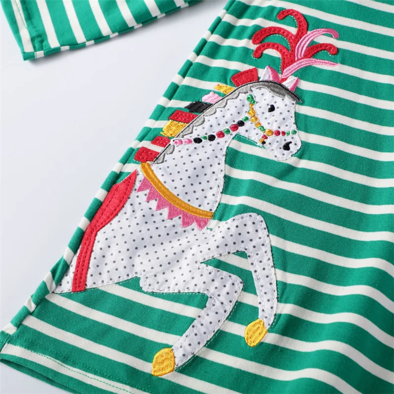 Jumping meters Top Brand Animals Applique Stripe Princess Girls Long Sleeve Dresses for Autumn Spring Duck Baby Dress | Детская одежда