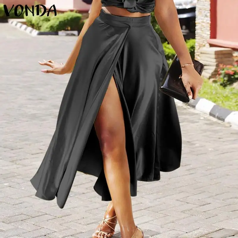 

Осенняя длинная юбка VONDA, Женские однотонные трапециевидные юбки 2022, свободные атласные юбки с разрезом на подоле, юбки с высокой талией и ра...