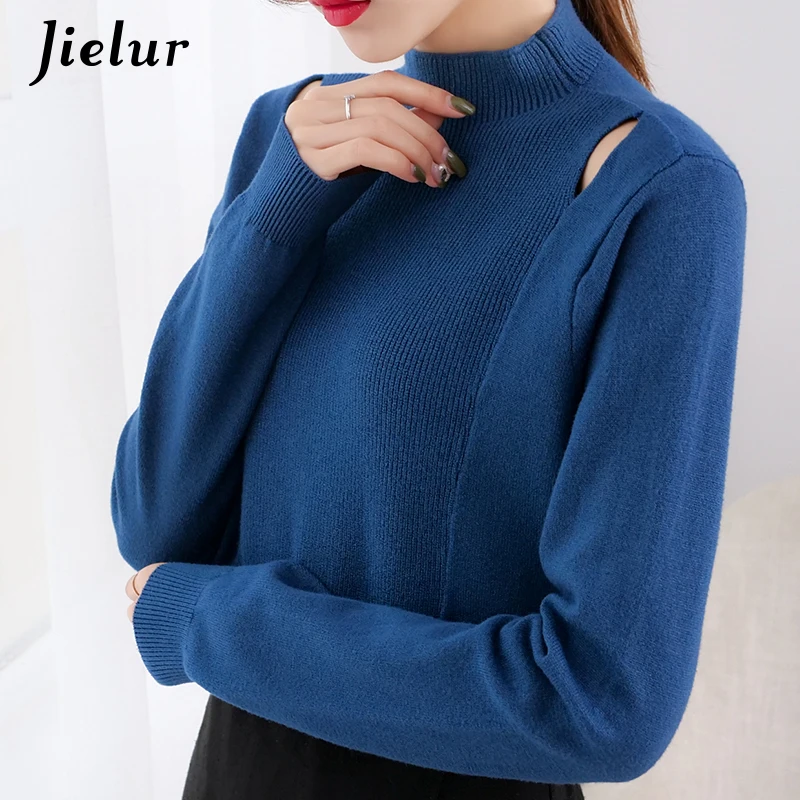 Jielur 2021 Sexy Hollow Sweater Women Apricot Blue Black Korean Loose Female Sweaters Fashion Half-high Neck Lady Knitwear S-XL | Женская - Фото №1