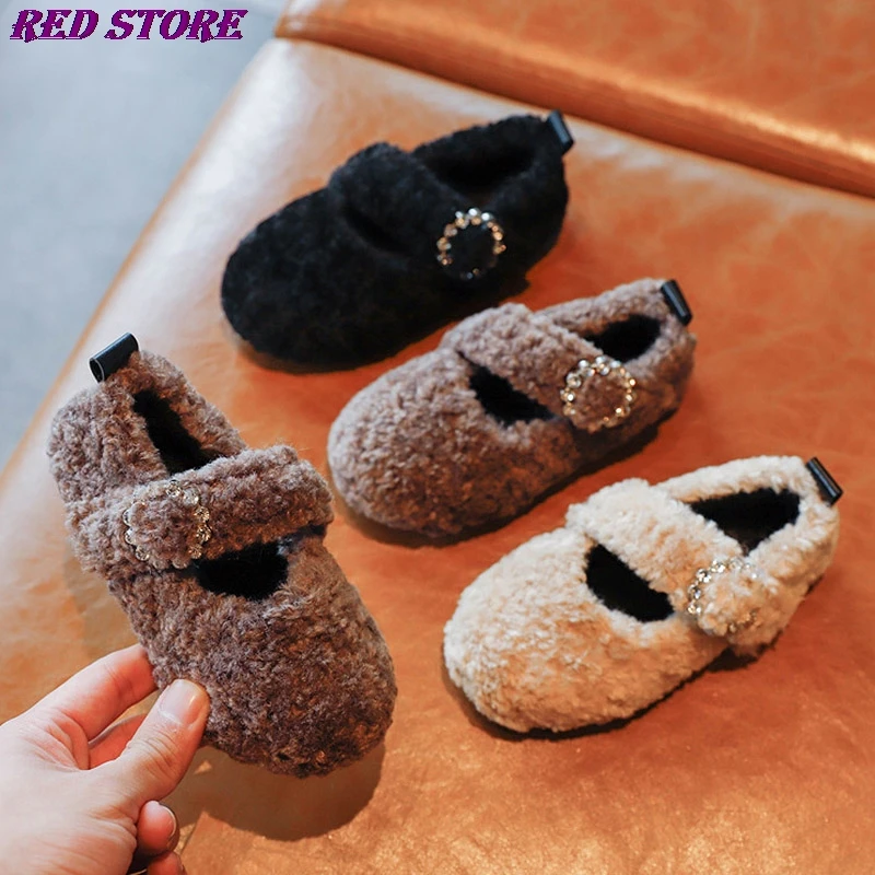 

Girls Shoes 2020 Winter Autumn Fluffy Princess Shoes Crystal Buckle Mary Janes Shoes Wool Plush Warm Kids Shoes Children 2-12y