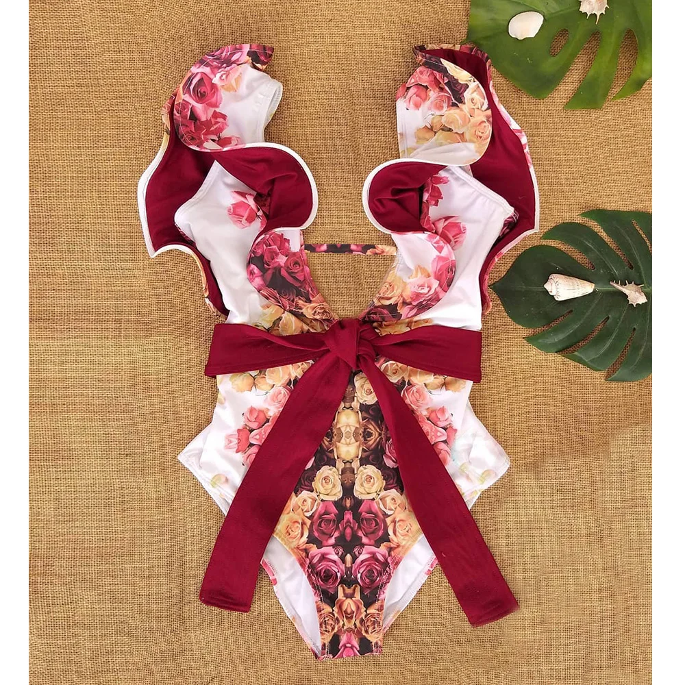 

2020 New Sexy Ruffle Print Floral One Piece Strappy Slimming Swimwear Women Swimsuit Deep-V Bathing Suit Beach Wear Monkini