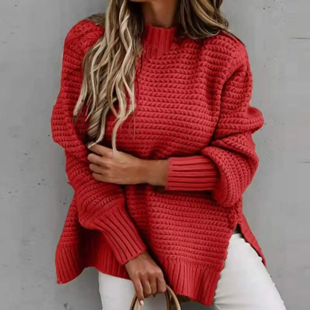 

Women Bilateral Split Sweater Warm Winter Clothing Ribbing Cuff Lantern Sleeve Knitted Top Daily Wear