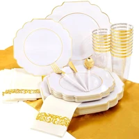 50 fan shaped white plastic plates gilt silverware disposable tableware birthday party festive decoration wedding supplies