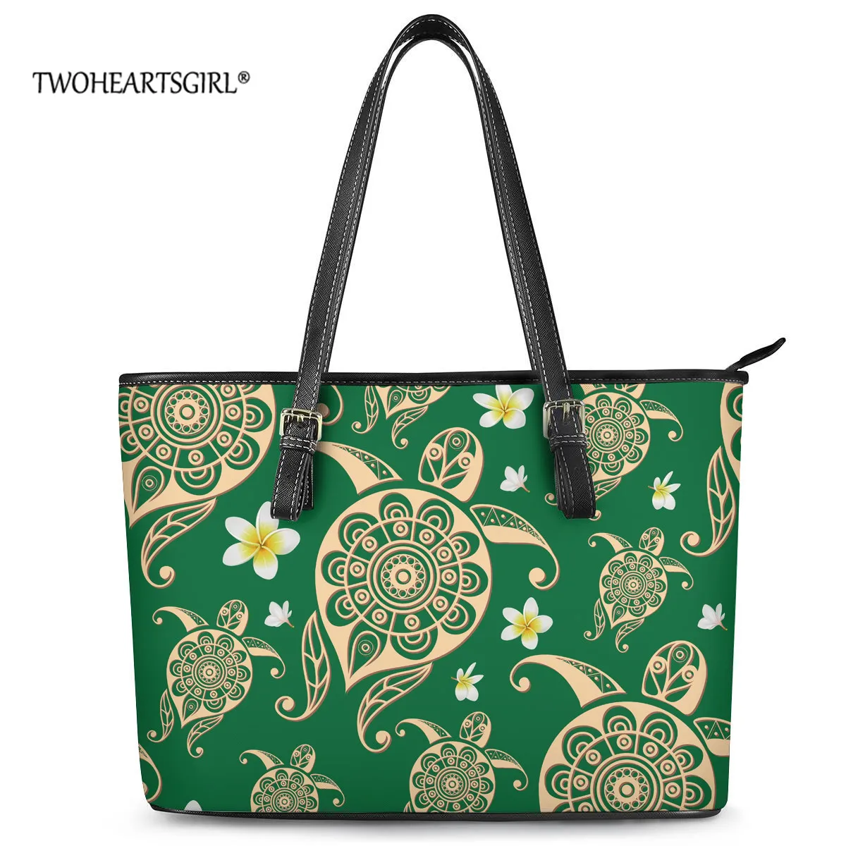 

Twoheartsgirl Hawaiian Turtle and Plumeria Pattern Shoulder Women Bag Polynesian Style Trendy Leather Large Handbags for Female