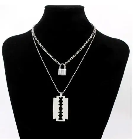 

gothic Double layer Lock Chain necklace punk 90s link chain silver color padlock pendant Blade necklace women egirl boy jewelry