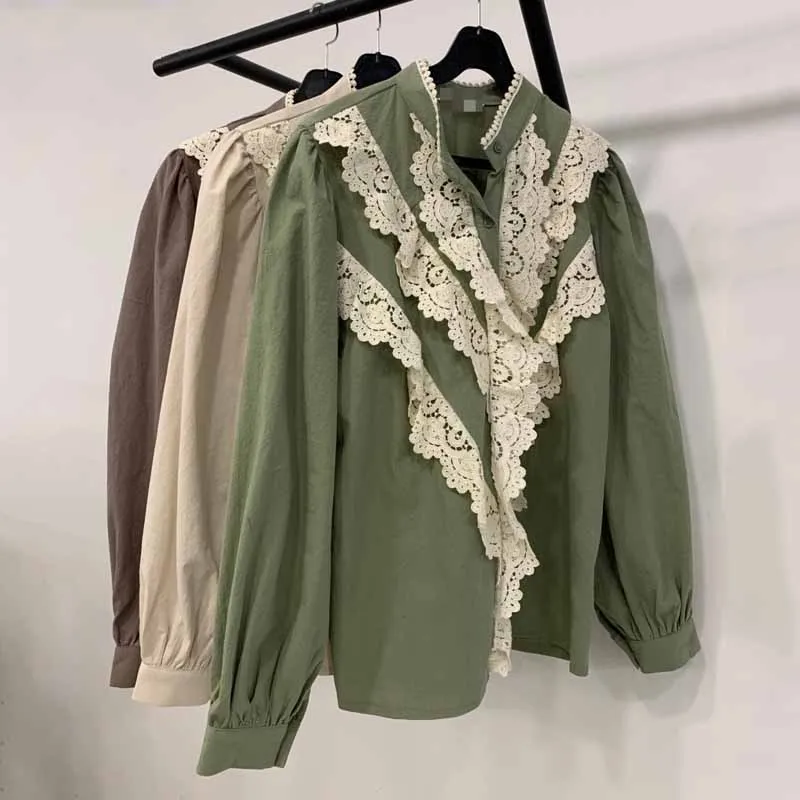 

New Spring Korean Office Blouse Fashion Women Lace Tops Shirts Sweet Blouse Stand Collar Temperament Lantern Sleeve Shirt 12797