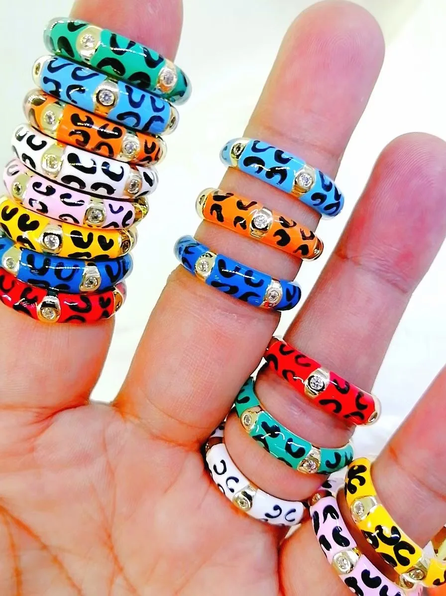 

Colorful Enamel Leopard Zircon Ring for Girl Women, Stackable Gold Plated Finger Ring Trendy Party Jewelry