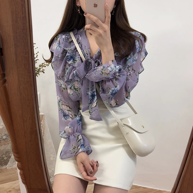 Женская рубашка из полиэстера с V-образным вырезом и винтажным принтом | одежда