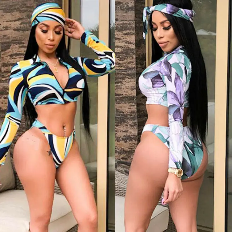 

Women Long Sleeve Front Zipper Bikini Set Brazilian Thong Swimsuit Ladies Sexy Colorful Printed Swimwear Bathing Suits