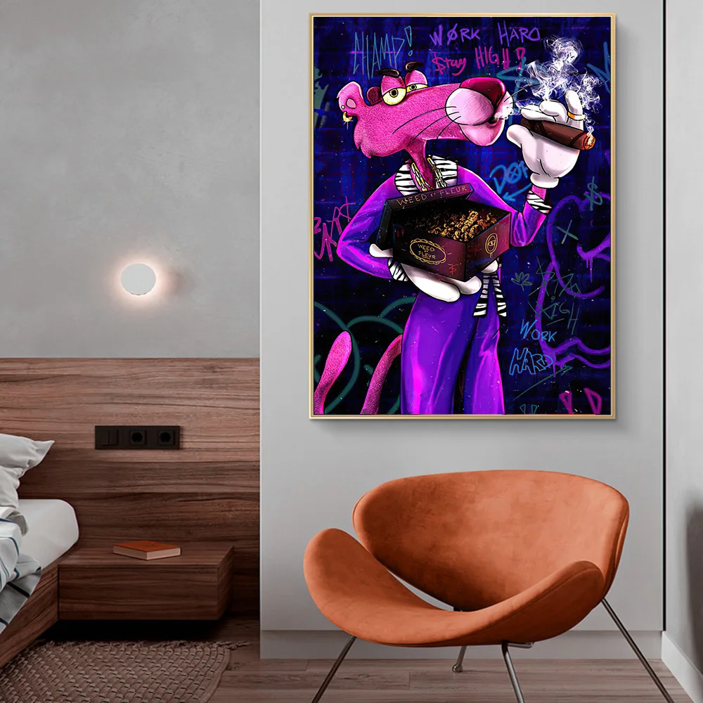 

Work Hard Boss Pink Panther Graffiti Art Paintings on the Wall Posters and Prints Abstract Animals Art Pictures Home Decoration