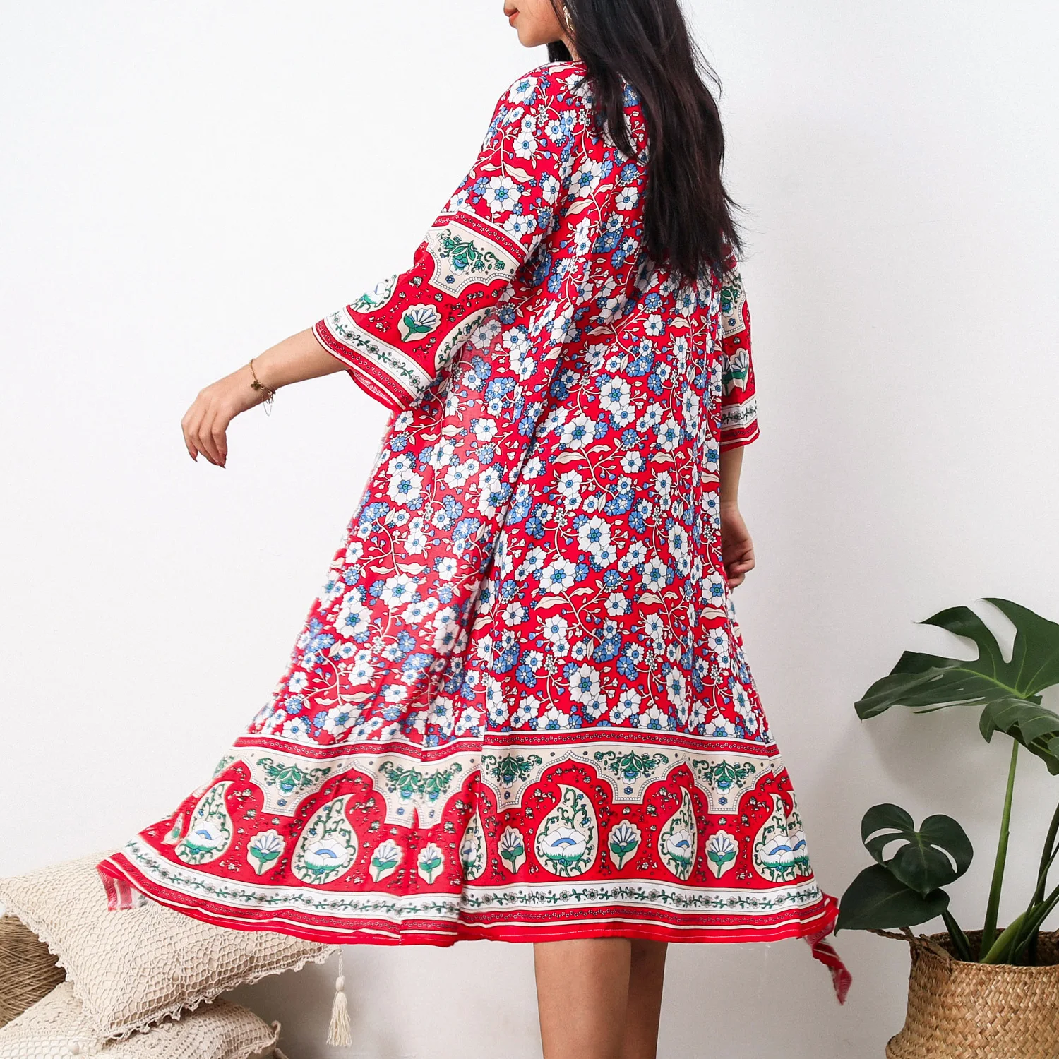 Женский свободный халат бохо длинное богемное Платье макси с цветочным принтом и