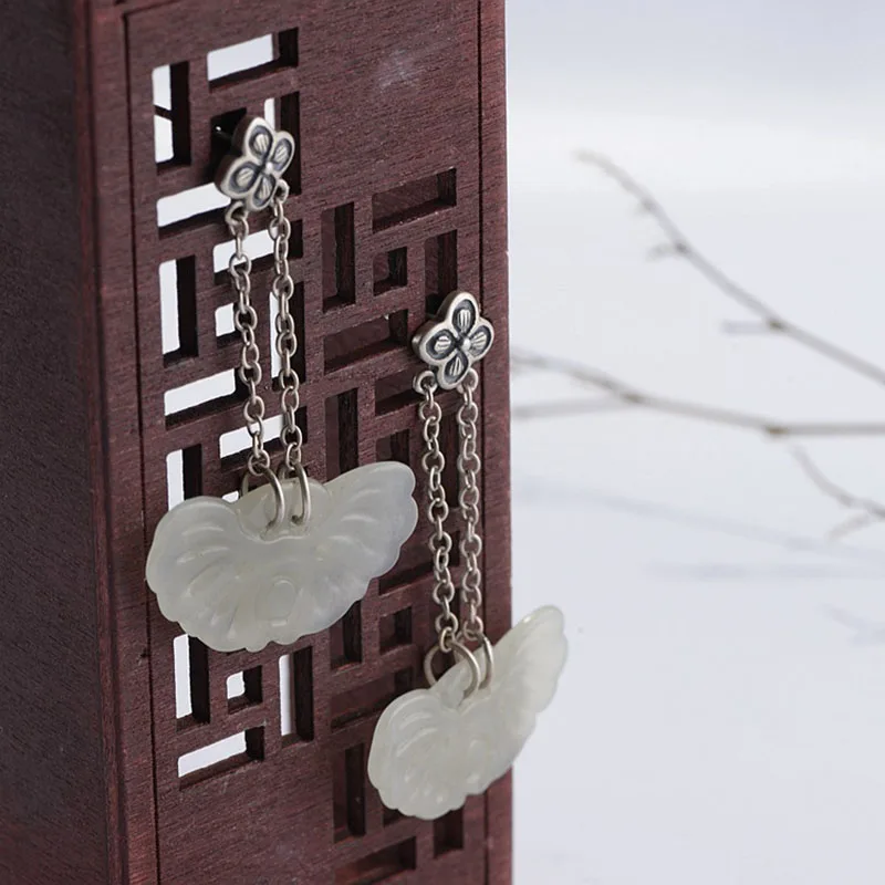 FNJ Hetian Jade серьги из 925 серебра,, Чистое Серебро S925 пробы, висячие серьги с кисточкой для женщин, ювелирное изделие, клевер