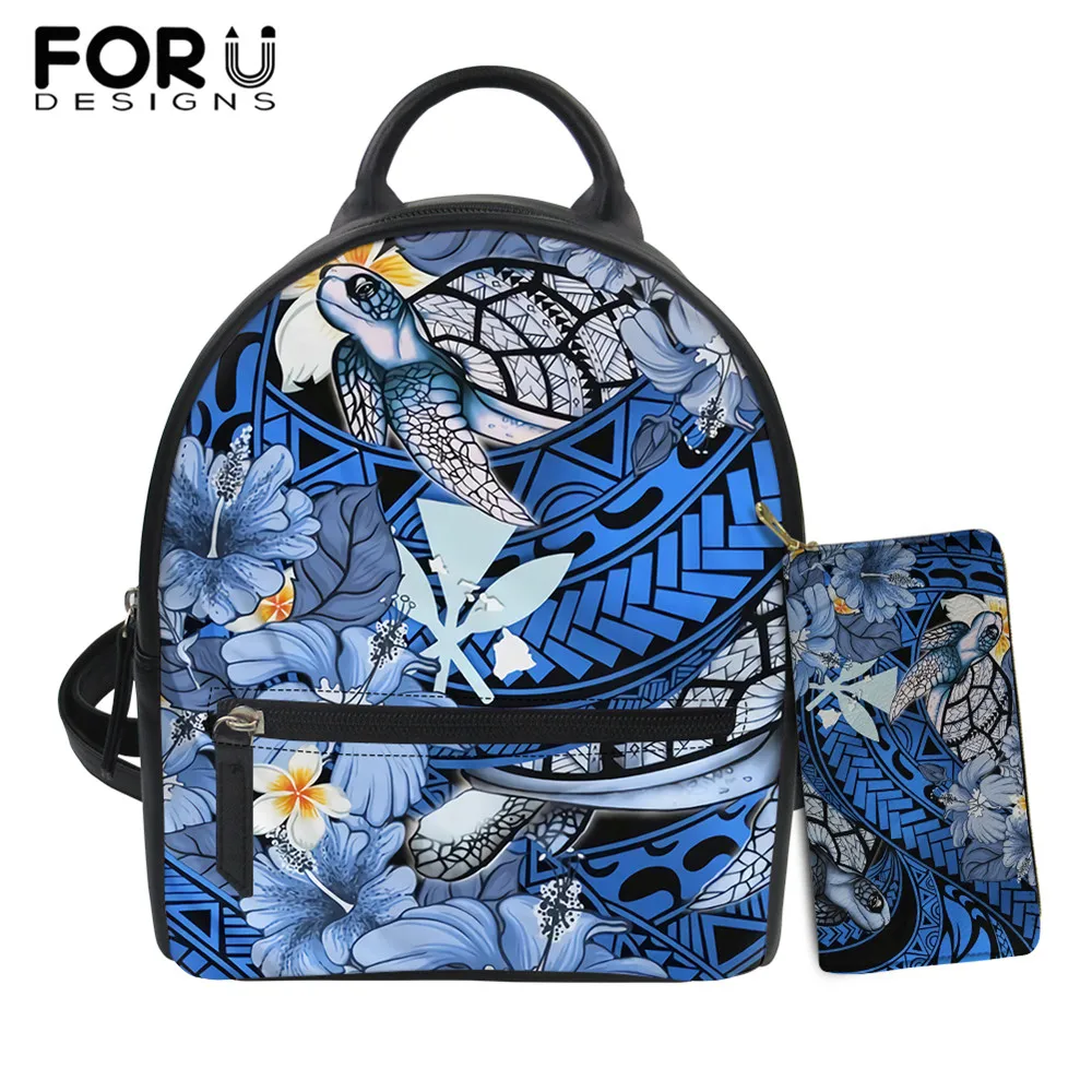 

FORUDESIGNS Luxury Pu Backpack for Woman Kanaka Maoli Waves Polynesian Turtle Hibiscus Prints Girls School Mini Shoulder Bag Sac