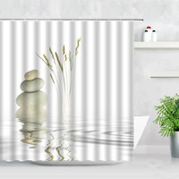 zen shower curtain for asian bathroom decor natural grey pebble stone with wild grass over the pond rippled water bath curtains