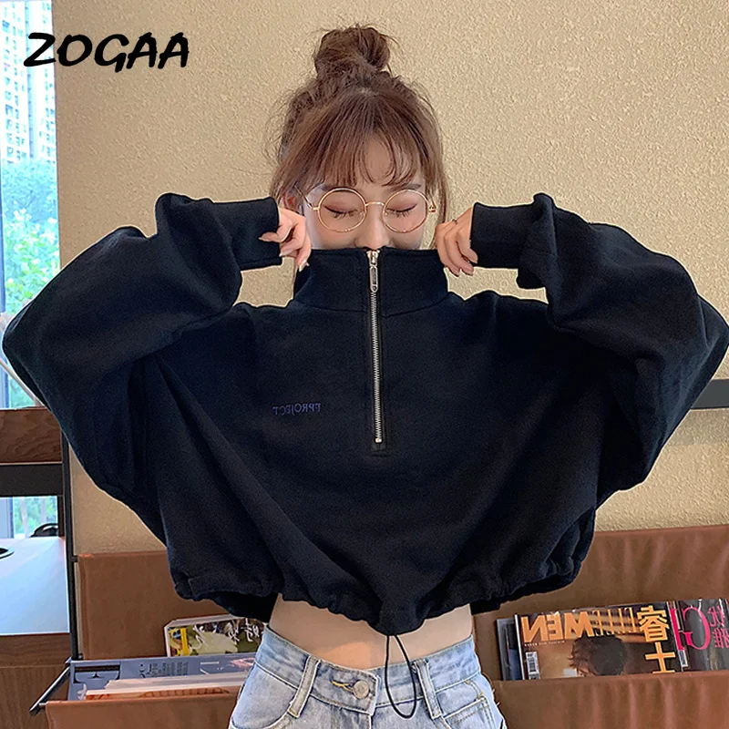 

Женские толстовки ZOGAA в стиле Kpop и Харадзюку, Модный свитшот на молнии в уличном стиле, простые укороченные топы с эластичным поясом