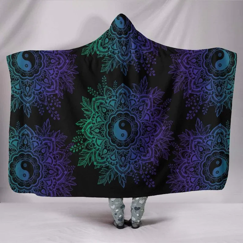 

Purple Ying Yang, Mandala Multi Color, Hooded Blanket, With Hood, Floral, Vegan Blanket, Lotus Mandala, Bohemian Print
