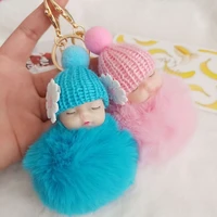 key chain sleeping baby doll keychain flower pompom rabbit fur ball keyring fluffy car keyring bag holder pendant charm jewelery