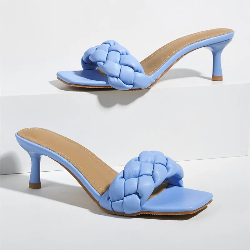 

Size 35-41 New Brand Design Weave Women Slippers Thin High Heel Sandals Open Toe Slip On Summer Outdoor Slides Flip Flop Shoes