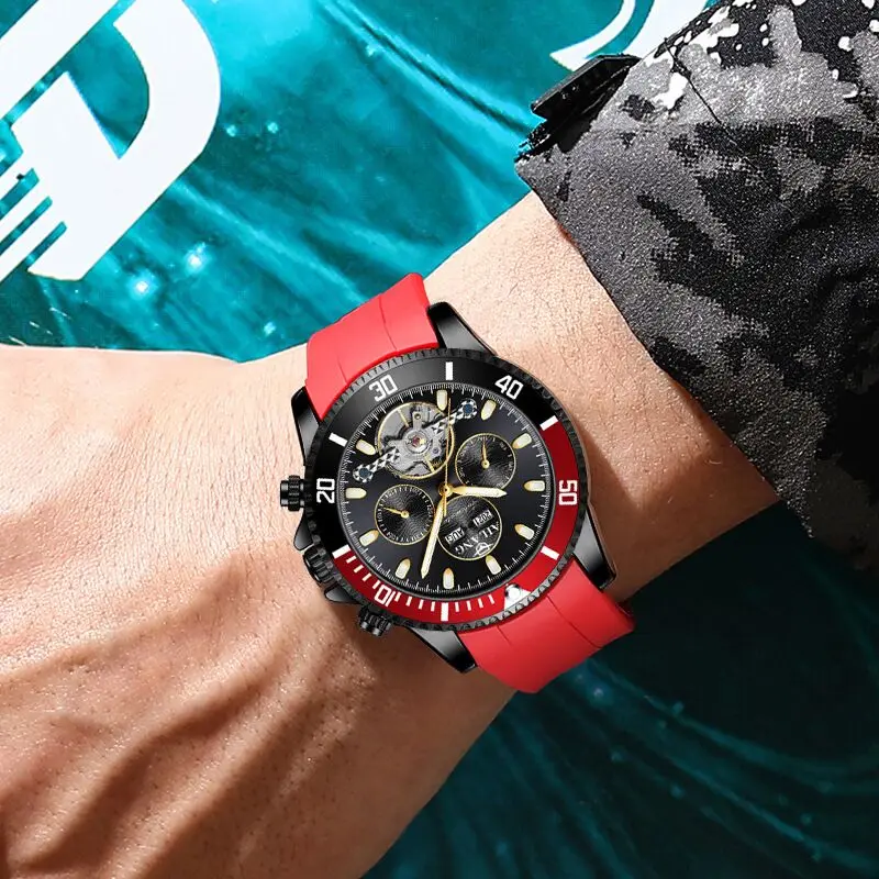 AILANG Men Watch Top Brand  Mens Mechanical Business Watches Automatic Skeleton Famous Silicone strap Waterproof Wristwatches