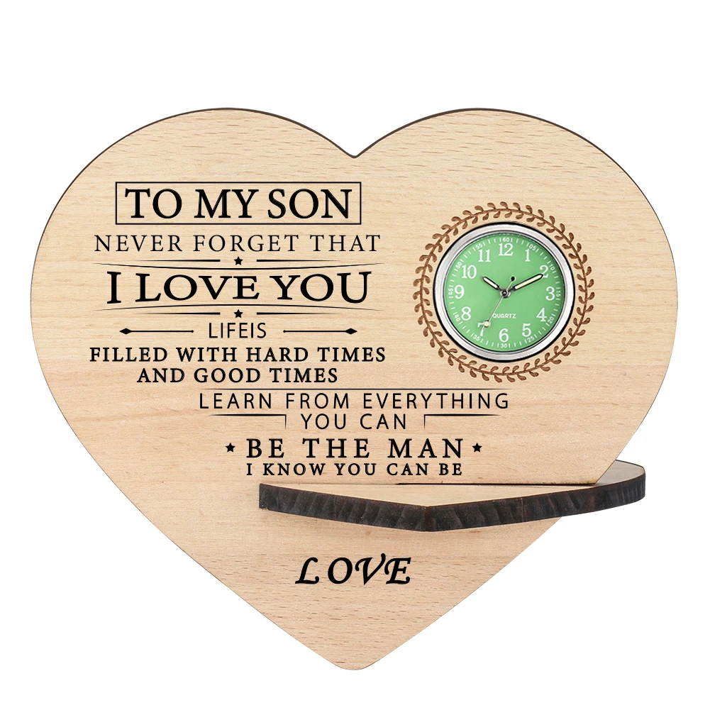 

Creative Printing Letters Words Wood Desk Clock Heart Shape Table Clocks Casual Green Watch Dial Living Room Tabletop Decoration