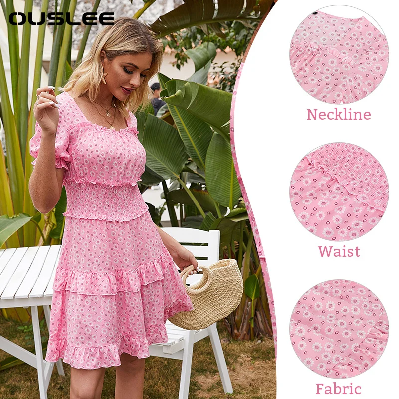 

OUSLEE 2021 New Summer Floral Dress Vintage Blue Printed Beach A-Line Dresses Square Collar Slim Mini Dress Female Vestido Mujer