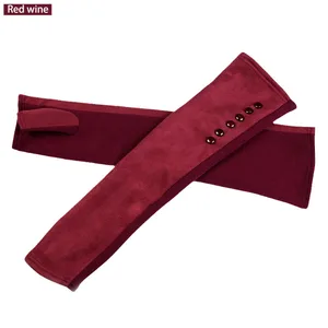 Длинные Хлопковые вязаные перчатки без пальцев длиной 42 см, женские замшевые теплые перчатки с бархатной подкладкой на пуговицах для осени и зимы