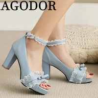 agodor 2021 cute women peep toe block heel pumps ankle strap all match lace pumps shoes women high heels platform pumps