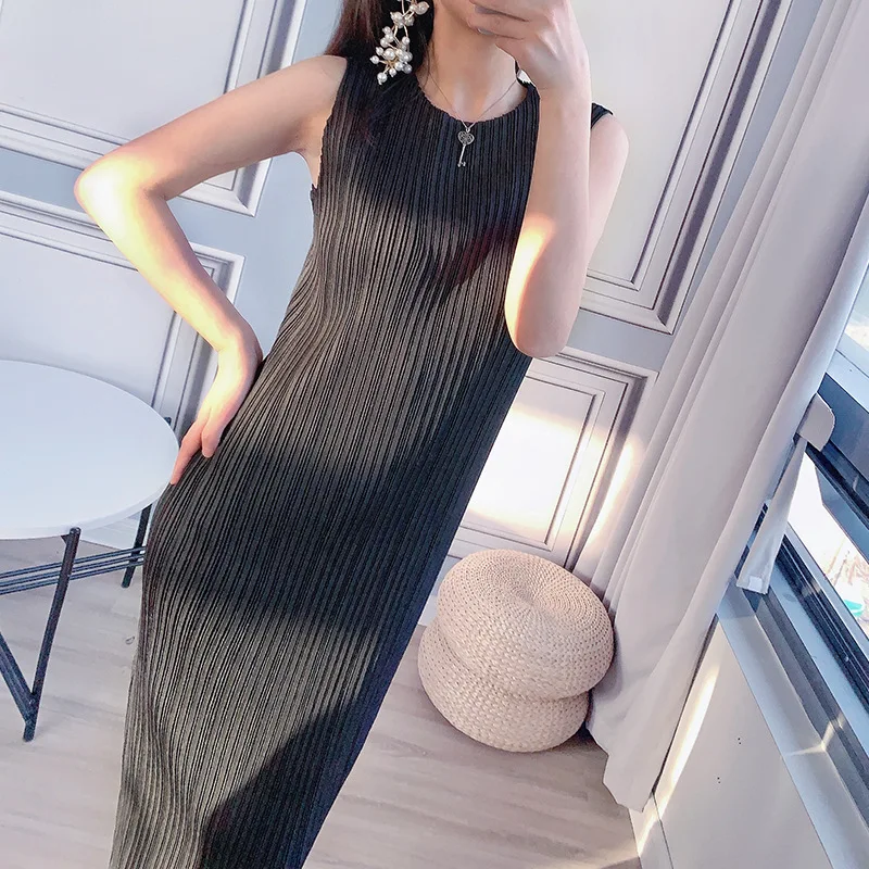 

Tank Dress Summer Women Large Size 2020 New Round Neck Sleeveless Slightly Transparent Elastic Miyake Pleated Long Dress Female