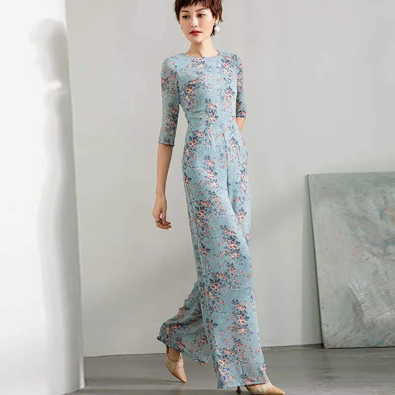 2020 Summer Party Jumpsuit for Women High Street Chiffon Print Elegant Half Sleeve O-Neck Wide Leg Rompers Plus Size 3XL 4XL